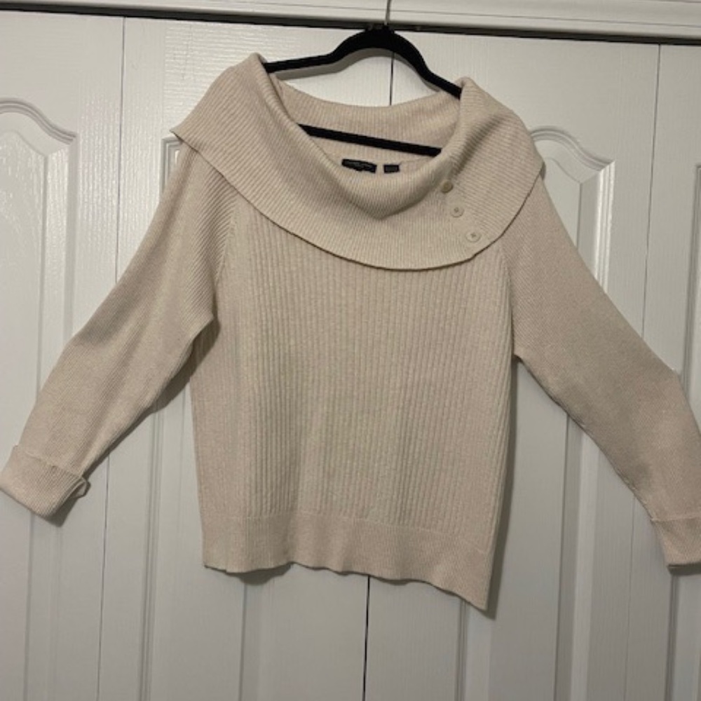 Jeanne Pierre Sweater 1X Womens Cream Cowl Neck Ribbed Pullover Cotton Sweater